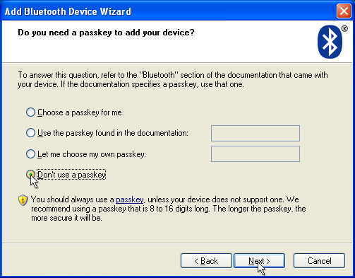 Select 'Don't use a passkey' and then Next